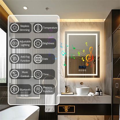 BORWART Smart LED Bathroom Mirror With Bluetooth Time Temperature AntiFog