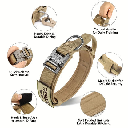 Durable tactical dog collar with metal buckle, control handle, D-ring, and padded lining in tan.