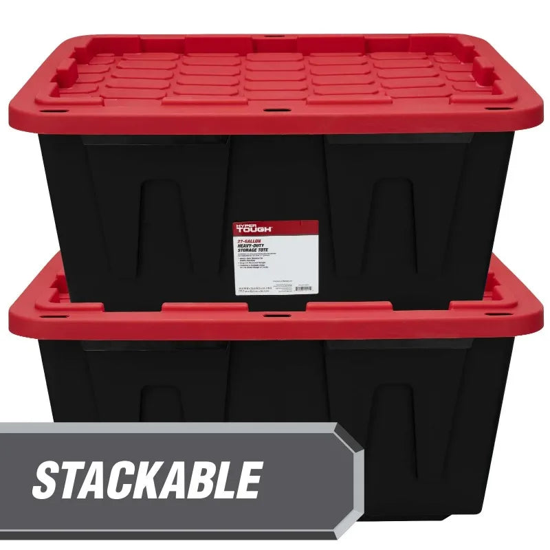 (6 pack) Hyper Tough Large Storage Bin, 27 Gallon Plastic Storage Container with Snap-On Lid, Black and Red