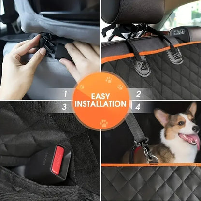 Easy install quilted car seat cover protector for pets, close-up of features and dog in car.
