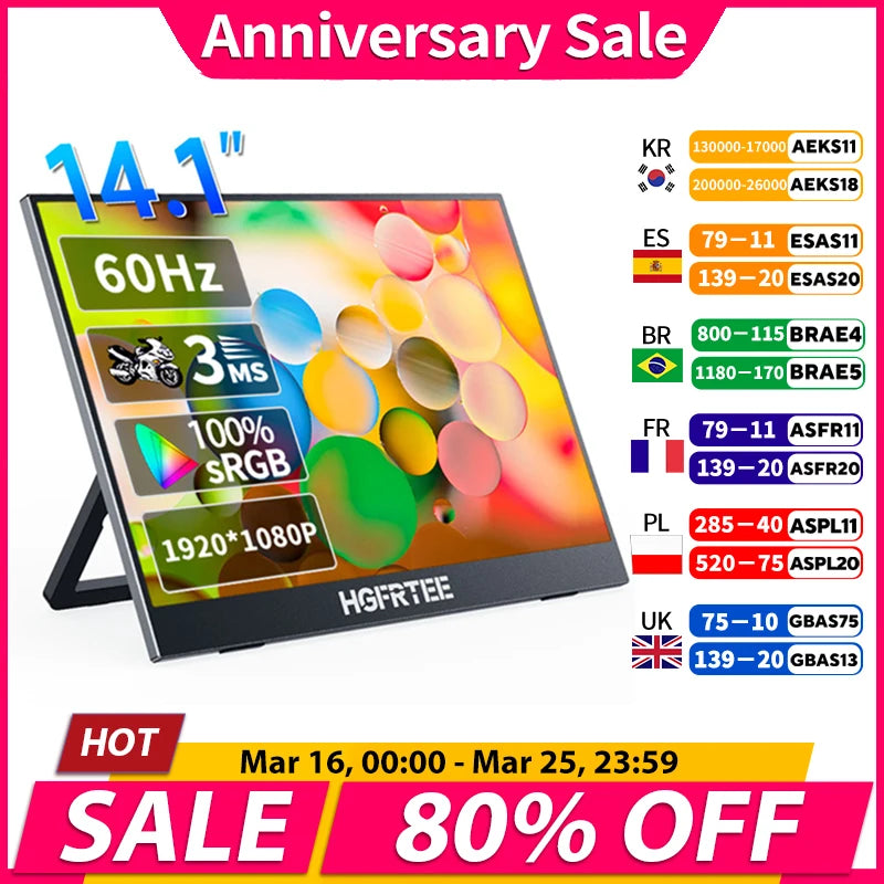 14.1 Inch Portable Monitor 1080P IPS 100%SRGB Gaming Portable Screen with Stand for Laptop PS5/4 Switch Xbox Raspberry Pi