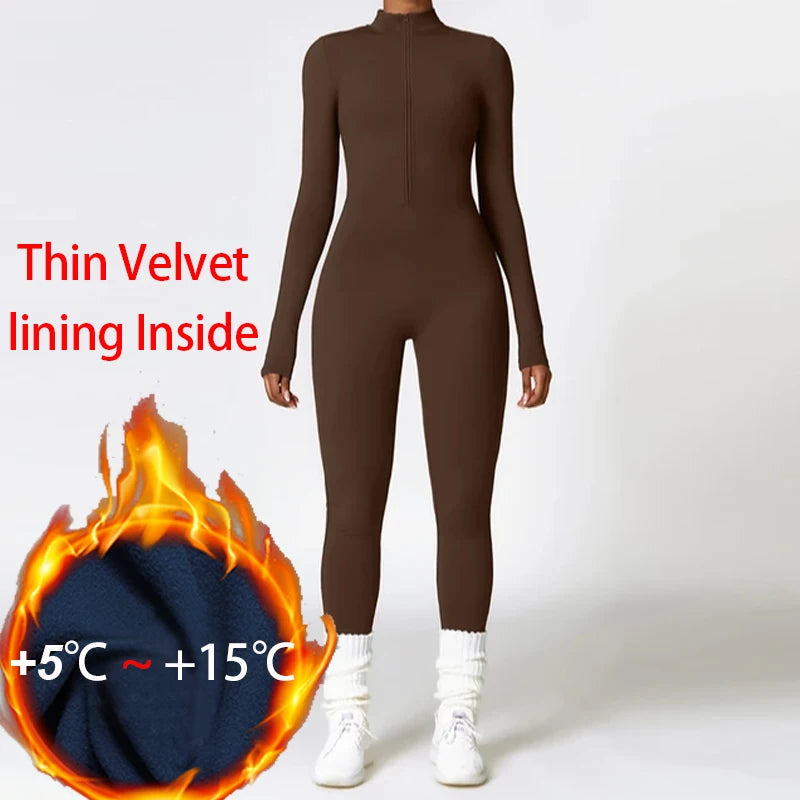 Winter Plush Yoga Jumpsuits Warm Women's Tracksuits Ski Fitness Overalls Long Sleeves Cycling Bodysuit One-Piece GYM Sports Suit