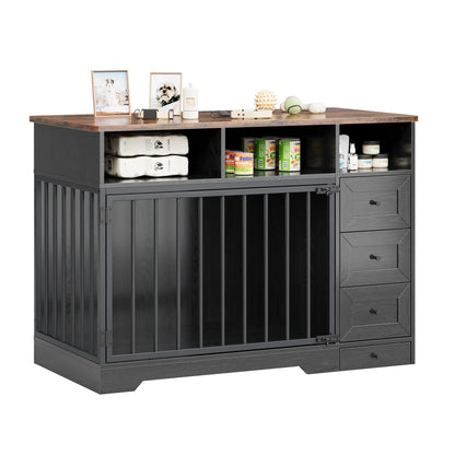 48 Inch Large Farmhouse Wooden Dog Crate Furniture With 6 Storage Drawers Feeding Station Heavy Duty Dog Kennel End Table