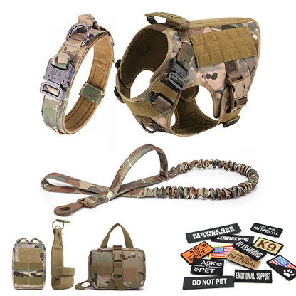Camo tactical dog harness set with leash, collar, pouches, and assorted service dog patches