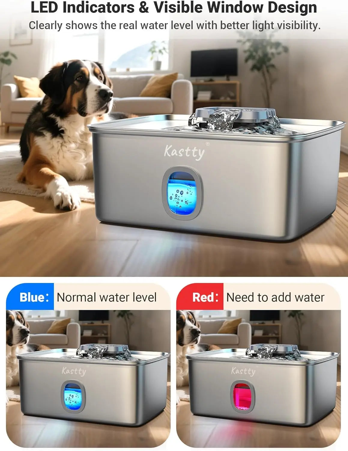 15L Stainless Steel Dog Water Fountain with Triple Filtration, Ultra Quiet Automatic Pet Dispenser with LED Light