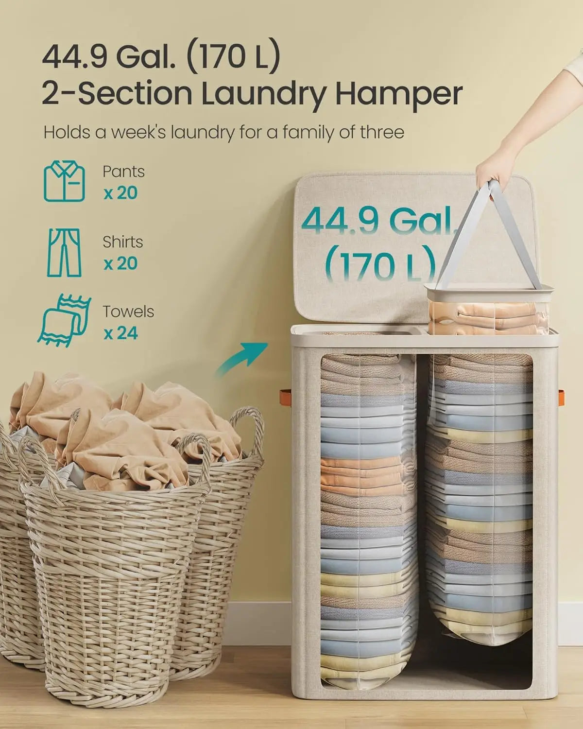 Two Compartment Laundry Basket With Lid For Sorting