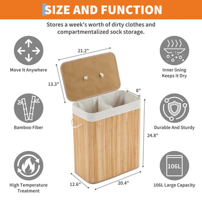 Bamboo Laundry Hamper Large 106L with Removable 4-Section Liner, Foldable Storage Basket with Lid and Handles for Bedroom, Laund