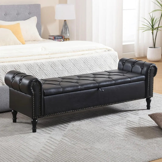 Hign-concerned Leather Storage Bench Ottoman With Tufted Arms Modern LivingRoomElegance