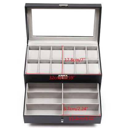 3 Layer Black Leather Watch And Eyeglasses&Sunglasses Box With Jewelry Display Drawer Metal Buckle Case Organizer