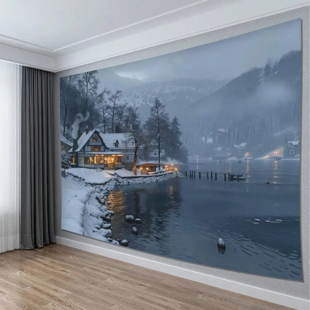 1pc Winter Tapestry Snow Cabin Lake Wall Hanging Cozy Scenery for Bedroom Living Room Decor Back-to-school season Autumn gifts