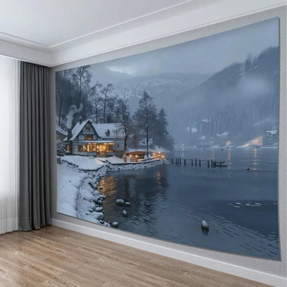 1pc Winter Tapestry Snow Cabin Lake Wall Hanging Cozy Scenery for Bedroom Living Room Decor Back-to-school season Autumn gifts