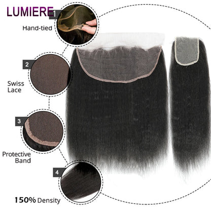 Kinky Yaki Straight Human Hair Bundles With Closure Frontal HD Transparent Brazilian Deep Curly Hair Bundles Deal Hair Extension