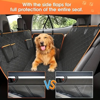 Golden retriever on black quilted car seat cover with side flaps for dog and seat protection.