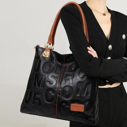 Trendy women's bag leather letter tote bag large capacity top cowhide shoulder cross-body bag
