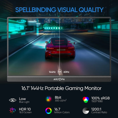ARZOPA 16.1 inches Portable Gaming Monitor 144hz 100%sRGB 1080P FHD IPS Screen Second Screen for Switch,Xbox,PS5,Laptop,Mac,Z1FC