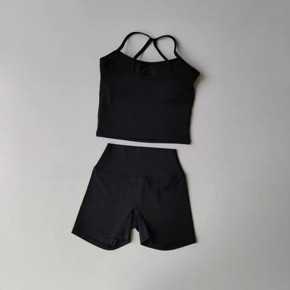 Yoga Gym Set Halter Top Set Yoga High Waist Shorts Set Backless Tights Bra Vest Seamless Stretch Ribbed Buttocks Lift Shorts Set