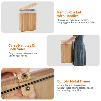Bamboo Laundry Hamper Large 106L with Removable 4-Section Liner, Foldable Storage Basket with Lid and Handles for Bedroom, Laund