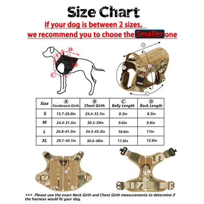 Dog harness size chart with camouflage harness, measurement guide, and sizing table for pets.