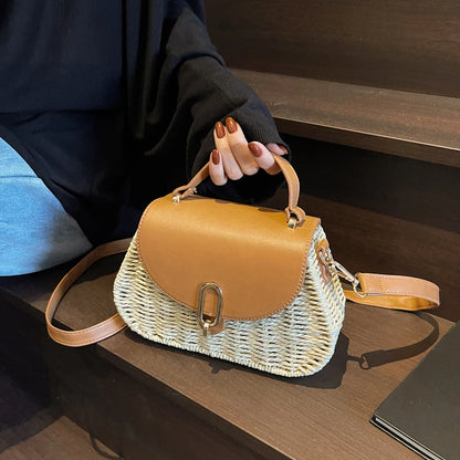 APWIKOGER Straw Beach Bag PU Leather Summer Shoulder Flap Crossbody