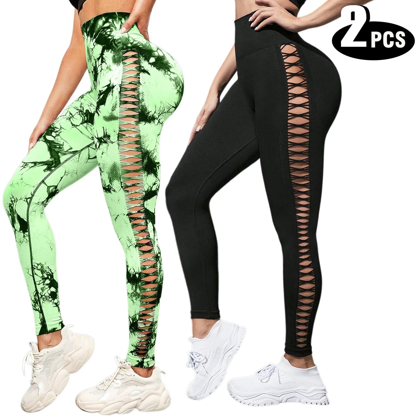 Women 2 Pack Tie Dye Hollow Out Side Leggings High Waist Butt Lifting Stretch Fitness Sports Pants
