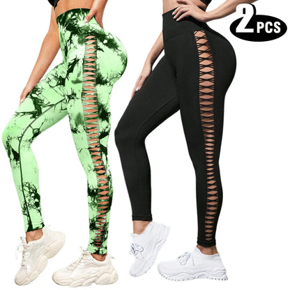 Women 2 Pack Tie Dye Hollow Out Side Leggings High Waist Butt Lifting Stretch Fitness Sports Pants