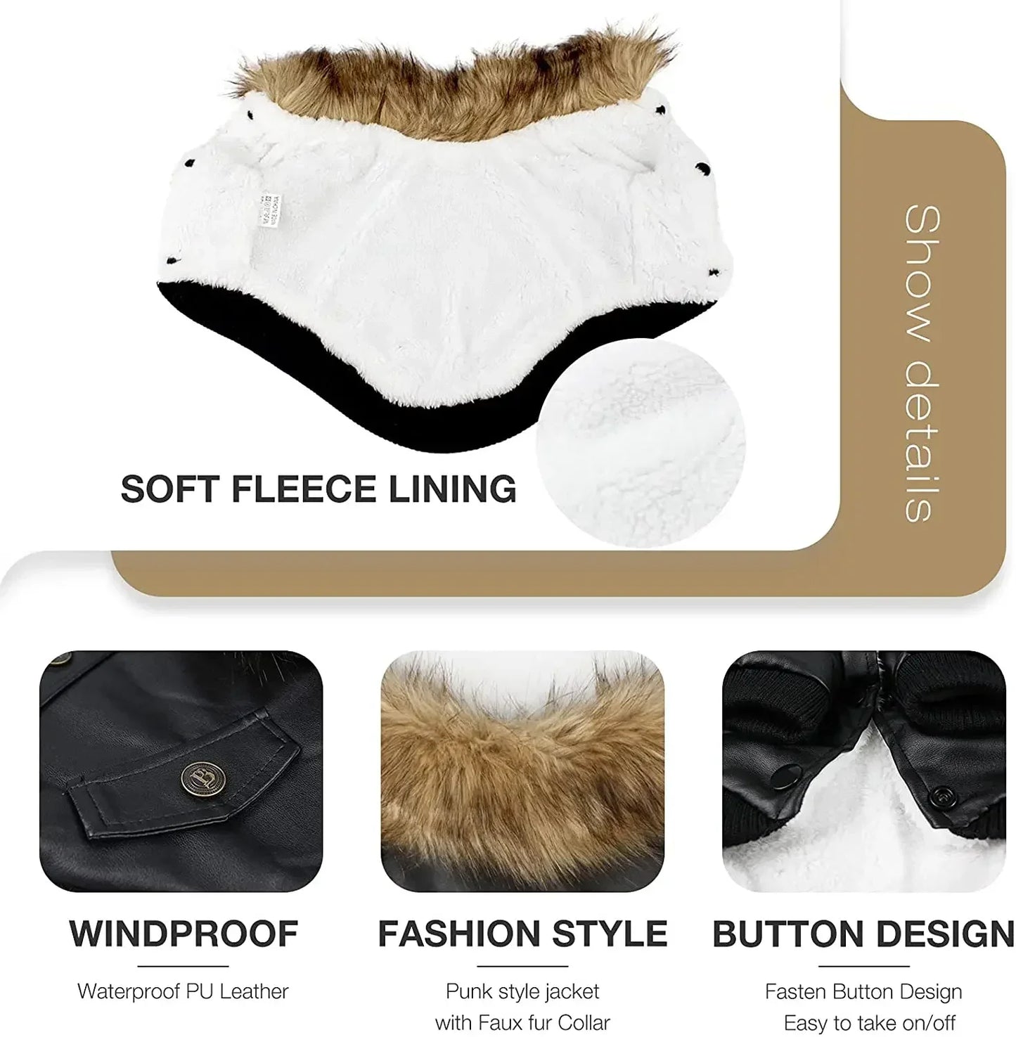 High Concerned Waterproof PU Leather Dog Winter Coat Jacket With Soft Fleece Lining And Windproof Design