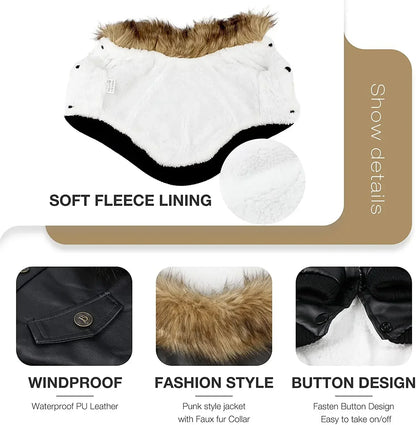 High Concerned Waterproof PU Leather Dog Winter Coat Jacket With Soft Fleece Lining And Windproof Design
