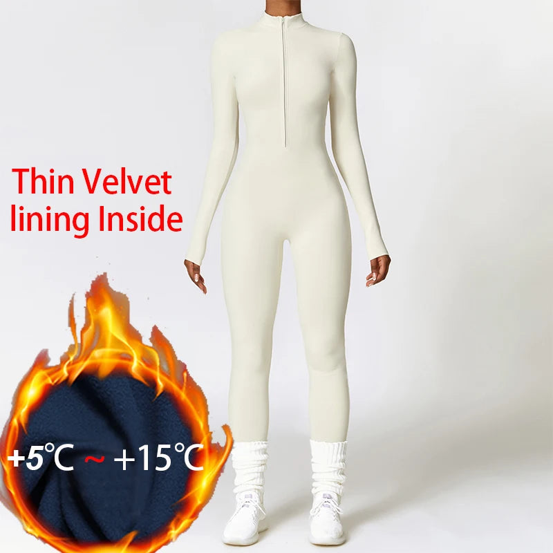 Winter Plush Yoga Jumpsuits Warm Women's Tracksuits Ski Fitness Overalls Long Sleeves Cycling Bodysuit One-Piece GYM Sports Suit