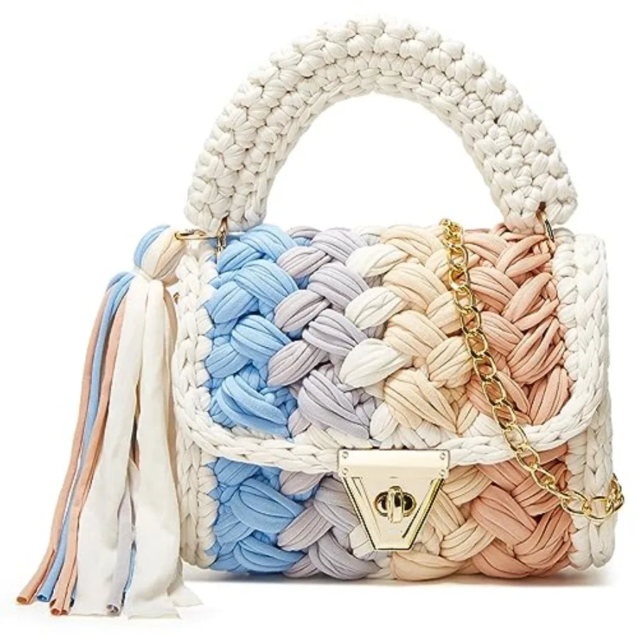 Chunky Yarn Knit Crochet Tote Purse Crossbody Bags for Women - Handwoven Evening Clutch Flap Shoulder Bag