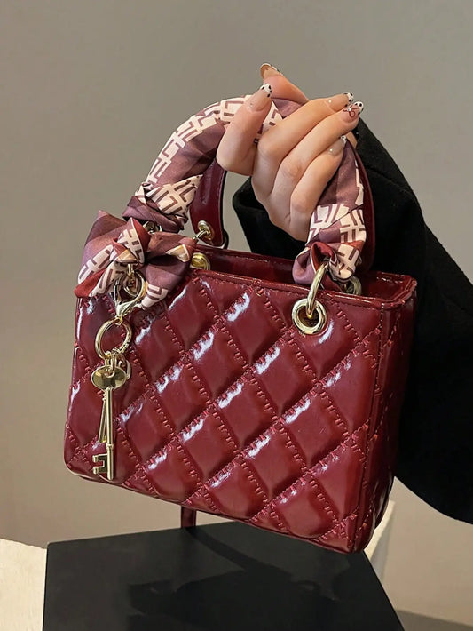 High-Quality Quilted Small Square Bag - Silk Scarf &Key Pendant,Niche Elegant Ladies Crossbody,Ideal for Dating/Gifting/Shopping