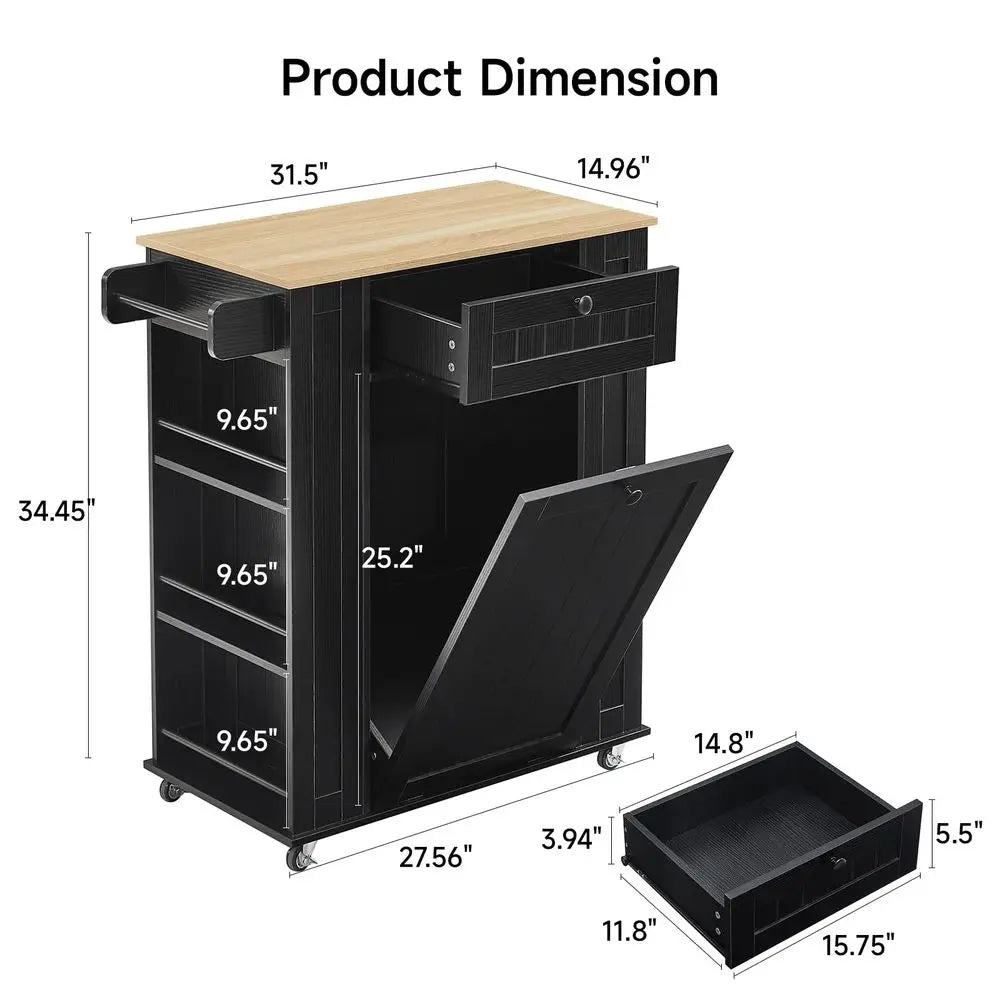35 Kitchen Island with Trash Can Cabinet amp Power Outlet, Rolling Kitchen Cart with Storage Drawer, 6Tier Spice Rack, Portable