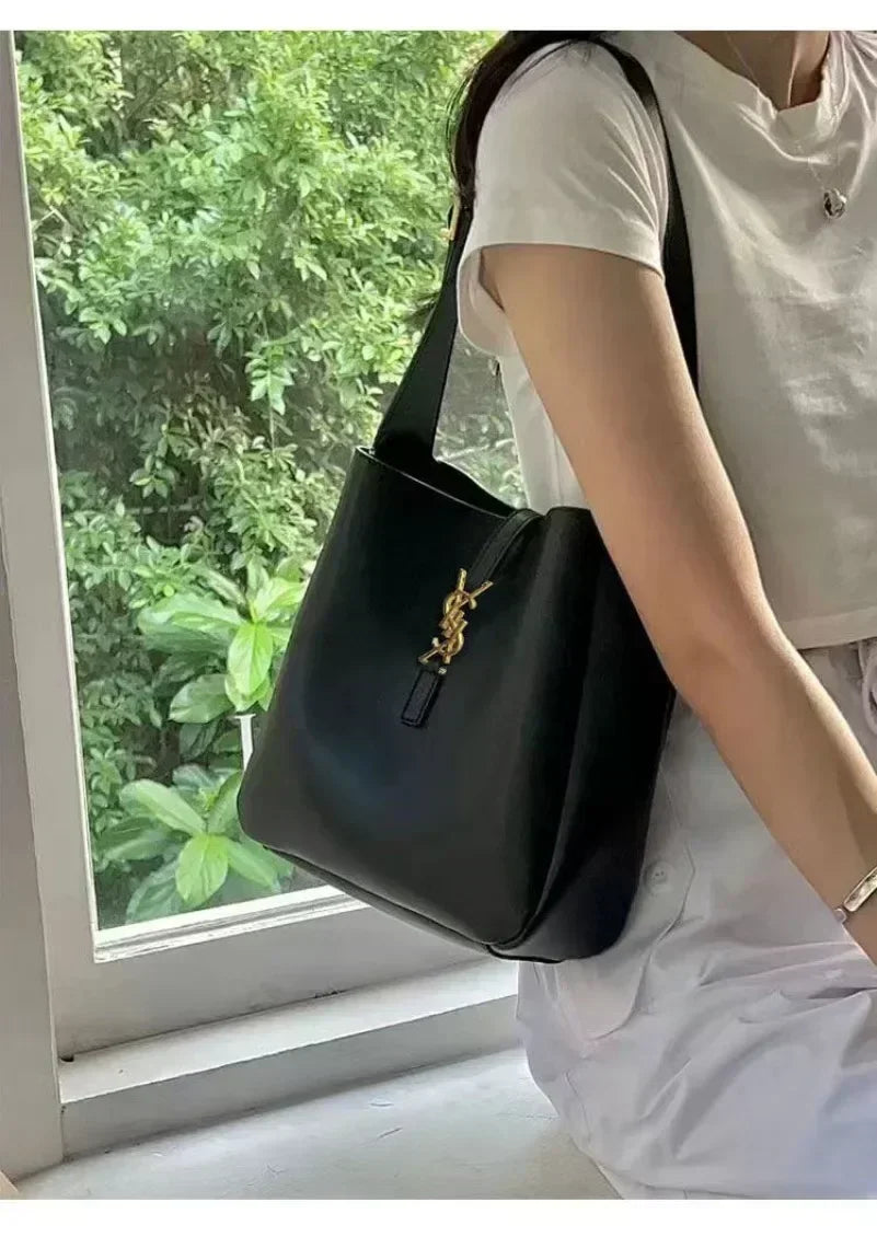 Shiny Leather Bucket Bag For Women Crossbody Tote 2-In-1 Purse