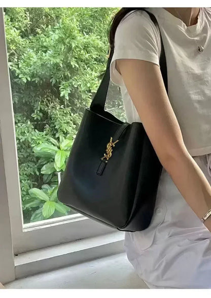 Shiny Leather Bucket Bag For Women Crossbody Tote 2-In-1 Purse