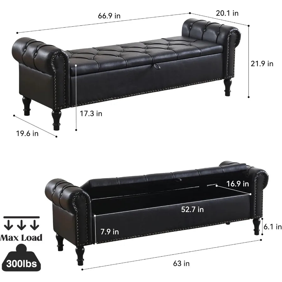 Hign-concerned Leather Storage Bench Ottoman With Tufted Arms Modern LivingRoomElegance