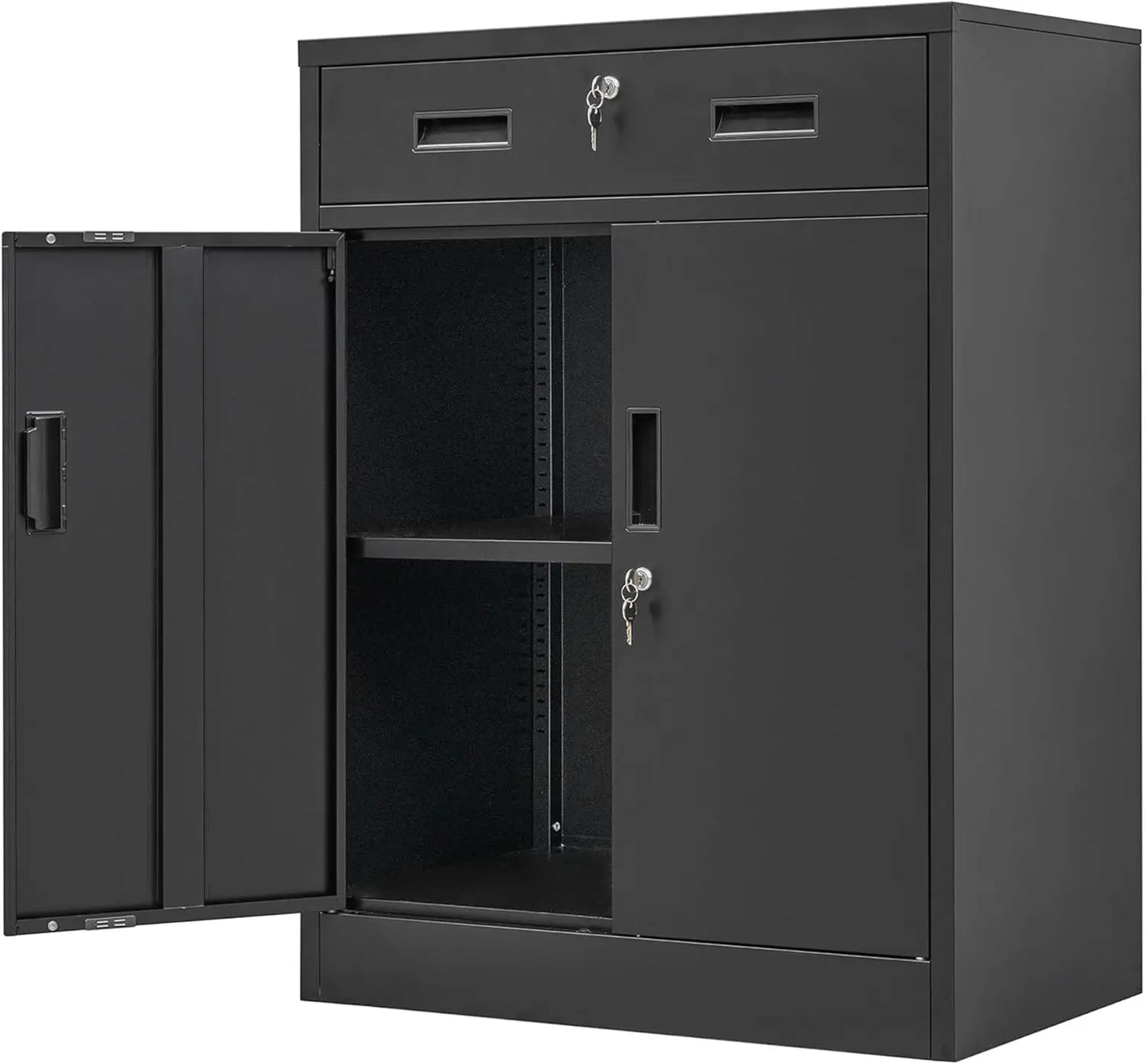 Metal Locking Storage Cabinet With Drawers And Adjustable Shelf