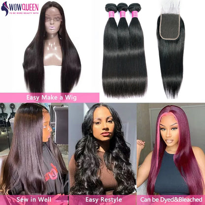 Straight Human Hair Bundles with Closure 2x6 4x4 Raw Brazilian Hair Extensions Weave 3 4 Bundles with 13x4 Transparent Frontal