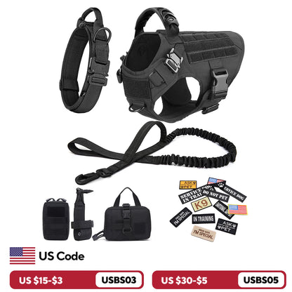 Black tactical dog harness set with leash, collar, utility pouches, and removable patches.