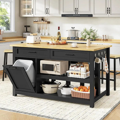 47 Solid Rubberwood Kitchen Island with Storage, Seating for 2, Trash Bin, Power Outlet, and Open Shelves in Black