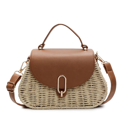 APWIKOGER Straw Beach Bag PU Leather Summer Shoulder Flap Crossbody