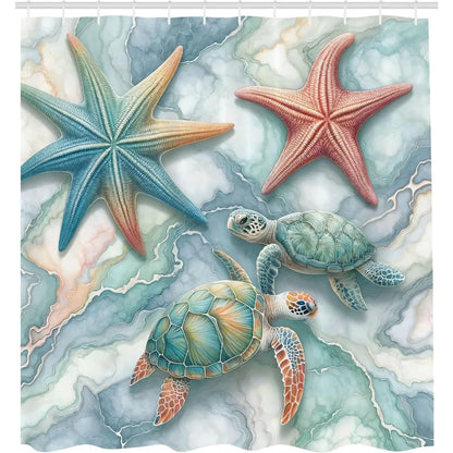 Marble Starfish Sea Turtle Shower Curtain Coastal Bath Decor