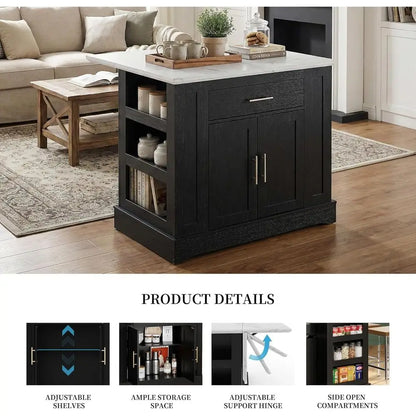 Spacious Kitchen Island with Storage, Power Outlet, Adjustable Shelves, Side Cabinets, Drop Leaf, and Bar Seating in Black
