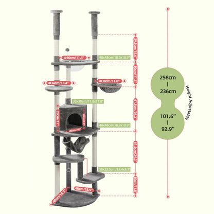 Floor to Ceiling Cat Tree with Sisal Scratching Posts Cozy Condo Hammock Adjustable Height Tall Cat Tower for Indoor Cat Toys