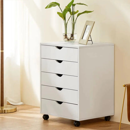 JHK Five Drawer Wooden Nightstand Cabinet With Rolling Storage