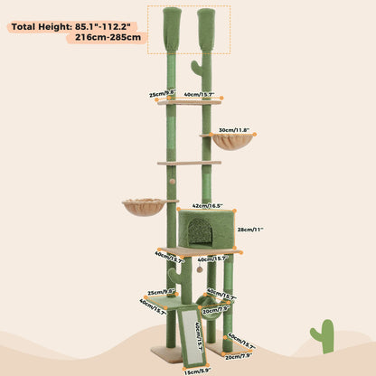 Floor to Ceiling Cat Tree with Sisal Scratching Posts Cozy Condo Hammock Adjustable Height Tall Cat Tower for Indoor Cat Toys
