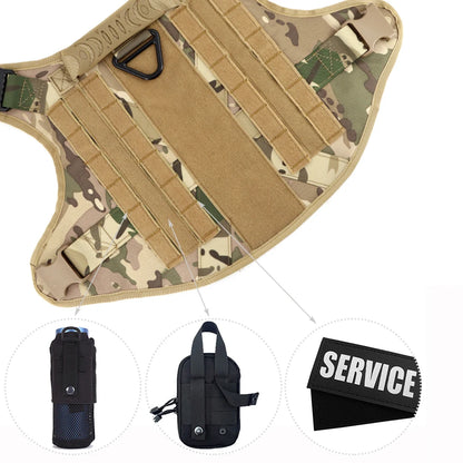 Camouflage tactical dog harness vest with MOLLE webbing, patches, and attachable pouches