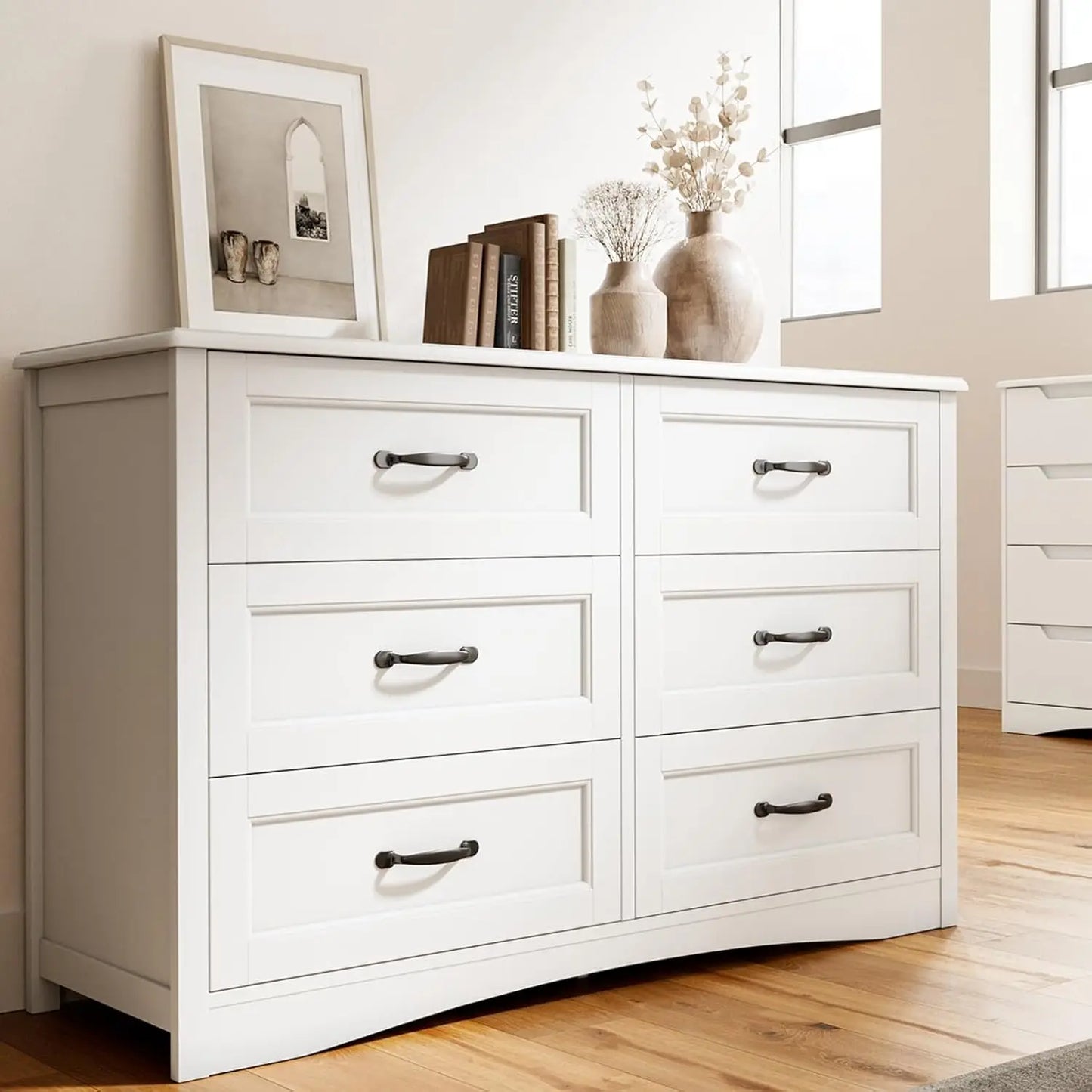 6 Drawer Dresser for Bedroom，47'' Larger Chest of Drawers with Mental Handle , White Dresser with 6 Storage Drawers, White