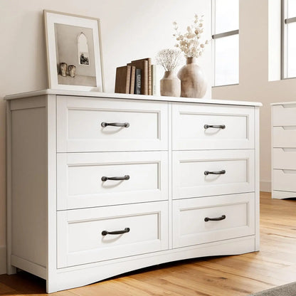 6 Drawer Dresser for Bedroom，47'' Larger Chest of Drawers with Mental Handle , White Dresser with 6 Storage Drawers, White