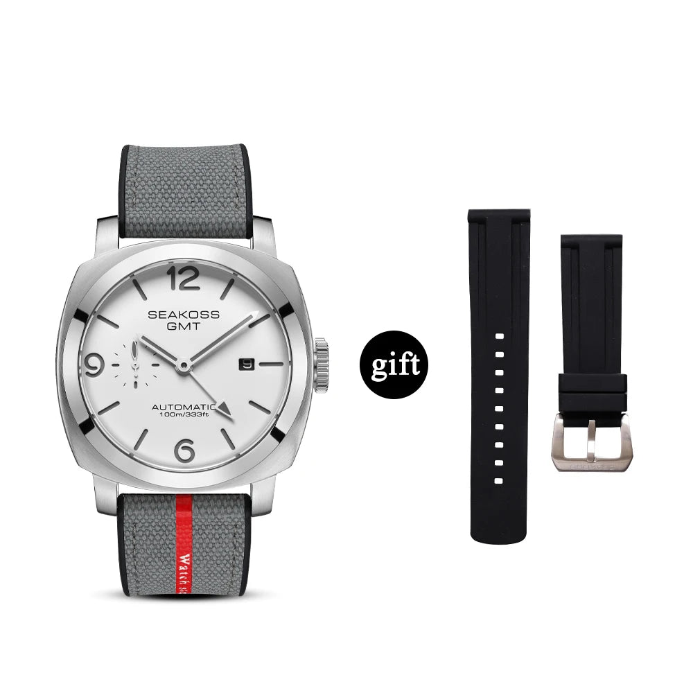 SEAKOSS Men GMT Automatic Mechanical Watches Super Luminous Calendar Original Seagull ST2557 Movement Nylon Rubber Wristwatches