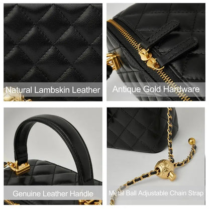Quilted Box Crossbody Purse For Women Designer Leather Mini Top Handle Pouch Bag With Metal Chain Strap