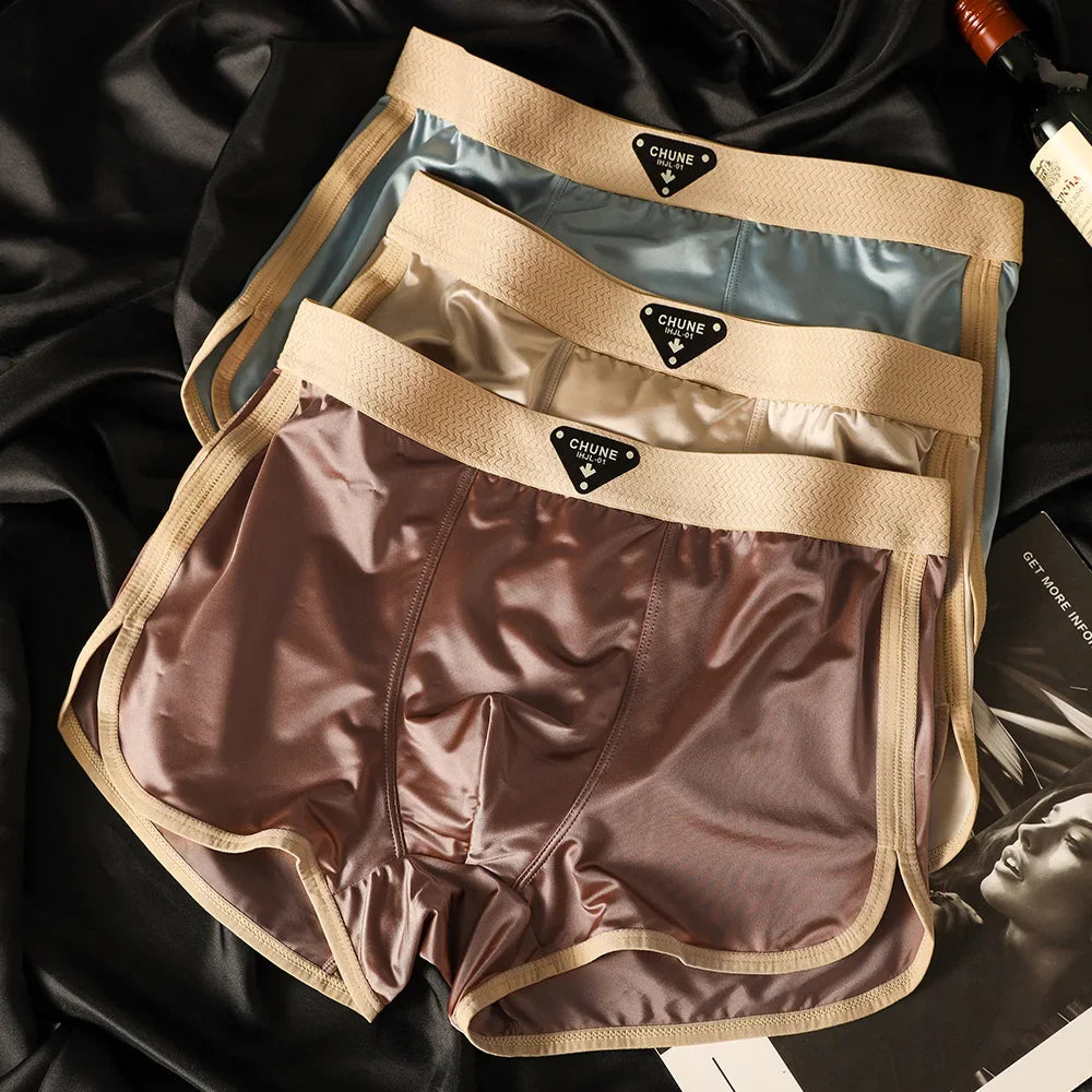 Mens Ice Silk Boxer Briefs Breathable Satin Like Double Layer Crotch